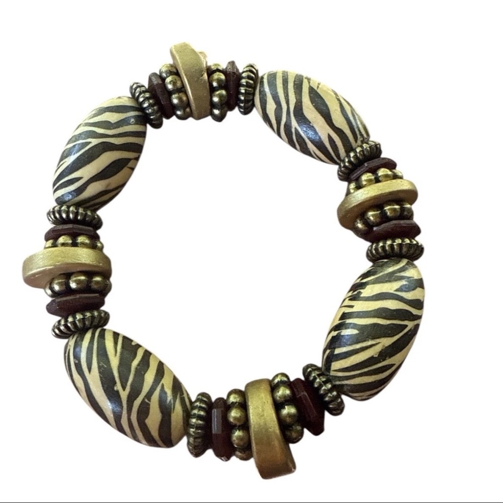 Zebra Print Wood Beaded Stretch‎ Bracelet Tribal Boho Chocolate Brown Jewelry